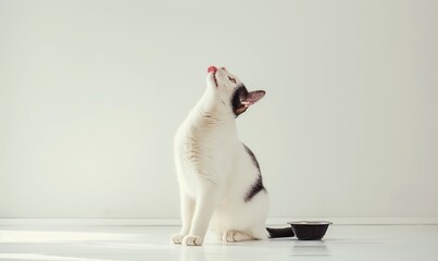 Sticker - Japanese Bobtail cat sitting at the edge of the photo on the ground, licking his lips and looking up, minimalist style in front of him there is a cat bowl