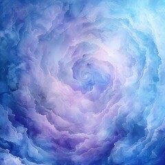 Fototapete - An abstract image featuring a swirling pattern of blue and purple clouds. The clouds create a vortex effect, drawing the viewers eye towards the center of the image. The colors are soft and dreamy, cr