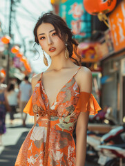 Wall Mural - portrait of beautiful Japanese fashion model wearing luxury high fashion dress on the street