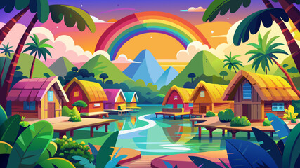 Wall Mural - A colorful rainbow arches over a scenic lake surrounded by lush tropical foliage. In the foreground, there are several wooden huts or bungalows built on stilts over the water