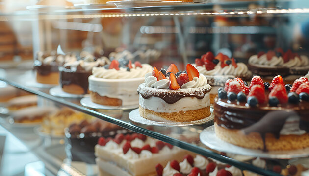 Showcase with different tasty desserts in bakery shop, closeup