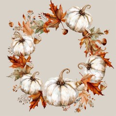 Wall Mural - This image features a watercolor painting of a wreath made with autumn leaves, acorns, and white pumpkins. The wreath is arranged in a circle, with the leaves and acorns forming a border around the pu