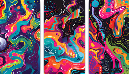 Wall Mural - Set of three abstract posters with colorful wavy shapes
