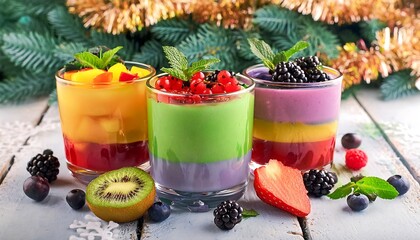 Wall Mural - A vibrant display of layered rainbow smoothies in clear glasses