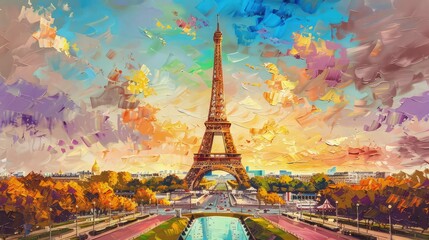 Oil painting of eiffel tower, france, art work.