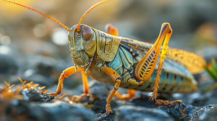 Wall Mural - Macro image of a grasshopper's entire body in its natural habitat, highlighting its camouflage and textures The image was generated by AI