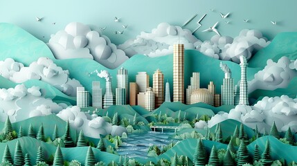 Wall Mural - Detailed paper craft skyline showcasing the dynamic energy of a bustling city surrounded by industry. Illustration, Minimalism,