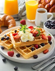 Wall Mural - A lavish breakfast spread featuring golden waffles topped with fresh berries and whipped cream