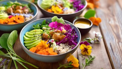 Poster - A vibrant vegan feast with colorful Buddha bowls featuring quinoa, avocado, roasted vegetabl