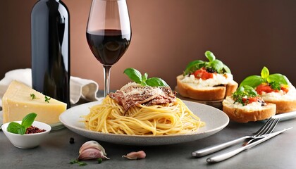 Canvas Print - An inviting Italian feast with a table set with spaghetti carbonara and wine