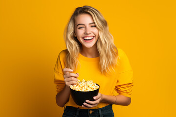 Wall Mural - Young pretty blonde girl over isolated colorful background holding popcorns