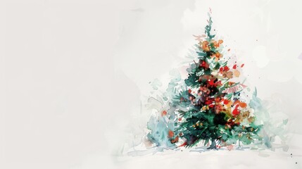 Wall Mural - A watercolor painting of a Christmas tree decorated with red and orange ornaments. The tree is set against a white background with a light dusting of snow on the ground. The painting captures the beau