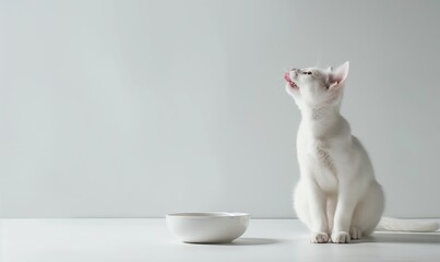 Sticker - Khao Manee cat sitting at the edge of the photo on the ground, licking his lips and looking up, minimalist style in front of him there is a cat bowl