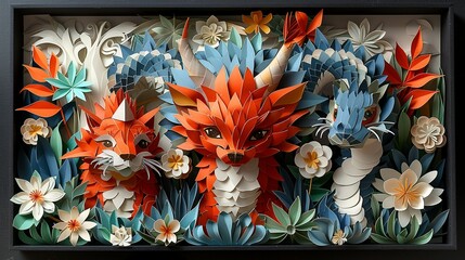 Wall Mural - Mythical woodland discovery: intricate paper craft illustrates kids meeting gods, demons, and fierce animals. Illustration, Minimalism,