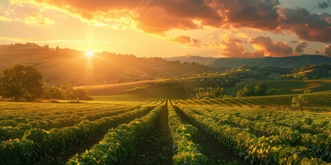 Wall Mural - Sunset Over a Vineyard in Tuscany