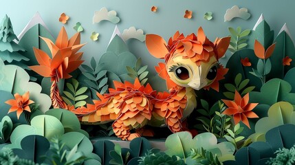 Wall Mural - Fantasy forest escapade: kids explore a world of gods, demons, and wild creatures in detailed paper craft. Illustration, Minimalism,