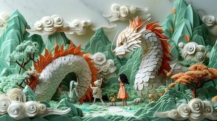 Wall Mural - Intricate fantasy scene: children encounter legendary beings and ferocious animals in detailed paper craft. Illustration, Minimalism,
