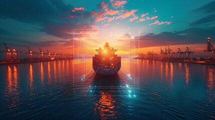 A cargo ship navigates the port at sunset, surrounded by an overlay of network grid and lights, representing the complexity of modern maritime logistics and global trade operations.