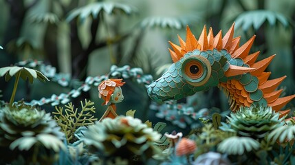 Wall Mural - Captivating forest exploration: detailed paper craft shows kids facing gods, demons, and mystical beasts. Illustration, Minimalism,