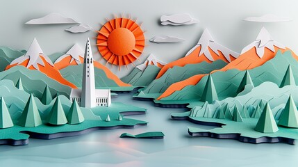 Canvas Print - A beautiful papercraft scene of Reykjavik, with Hallgrimskirkja, the Sun Voyager sculpture, and the surrounding natural wonders, reflecting the city's unique charm and stunning landscapes.