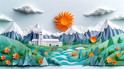 A beautiful papercraft scene of Reykjavik, with Hallgrimskirkja, the Sun Voyager sculpture, and the surrounding natural wonders, reflecting the city's unique charm and stunning landscapes.