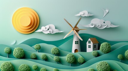 Sticker - A paper drawing of a countryside scene with a windmill and a house