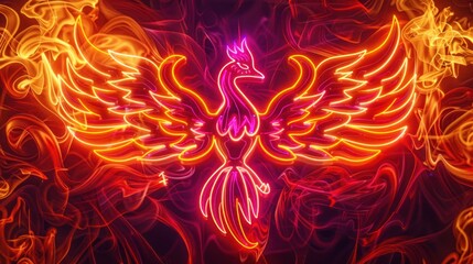 Wall Mural - a neon sign of a mystical phoenix, its wings spread wide in a fiery display against a backdrop of sw
