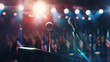 © VK Studio - A dimly lit conference stage with multiple microphones and an American flag in the background, ready for a significant speech.