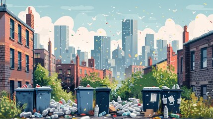 Wall Mural - A city street with trash cans and a lot of trash