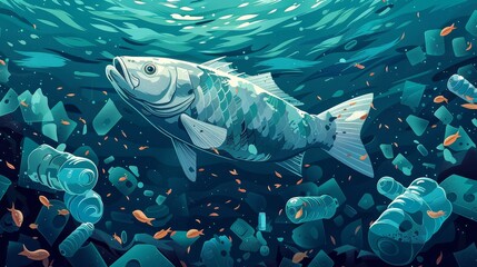 Wall Mural - A fish is swimming in a polluted ocean