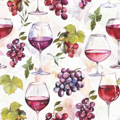 This watercolor painting depicts a whimsical pattern of wine glasses filled with red wine and bunches of grapes. The artwork features a variety of grape clusters in shades of purple and red, set again