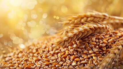 Canvas Print - A bokeh-filled close-up of wheat grains and ears basking in golden sunlight, symbolizing bountiful harvest and natural beauty.