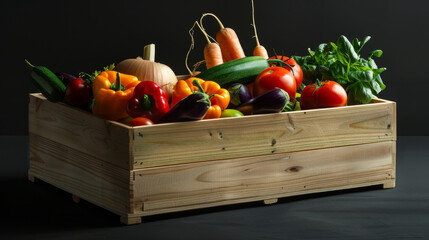 Sticker - A wooden crate filled with a vibrant assortment of fresh vegetables, displaying a colorful harvest.