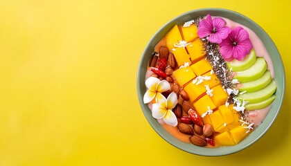 Poster - colorful smoothie bowl topped with an artistic arrangement of fresh fruits, acai blow