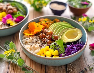 Poster - A vibrant vegan feast with colorful Buddha bowls featuring quinoa, avocado, roasted vegetable