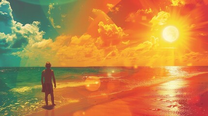 Wall Mural - A man stands on a beach with the sun in the background