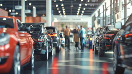 A lively car showroom filled with various automobiles, with customers and salespeople engaging in discussions under bright lights.