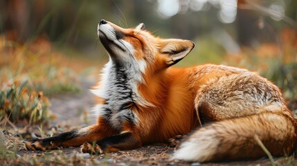 Funny red fox stretches. Concept - funny animals in the wild.