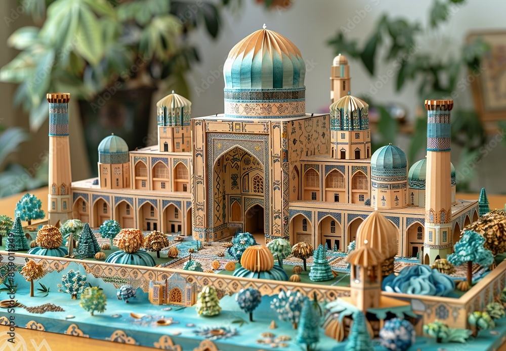 An intricate paper craft of Tashkent, Uzbekistan, capturing the ...