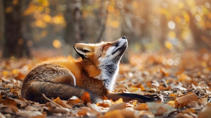 Funny red fox stretches. Concept - funny animals in the wild.