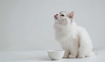 Sticker - White background, white floor, side view of an LaPerm cat sitting at the edge of the photo on the ground, licking his lips and looking up, minimalist style in front of him there is a cat bowl