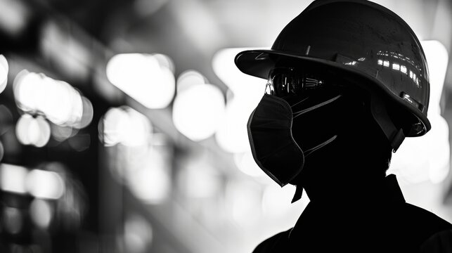 Silhouette of a masked construction man in a hardhat, safety, construction industry, protection.