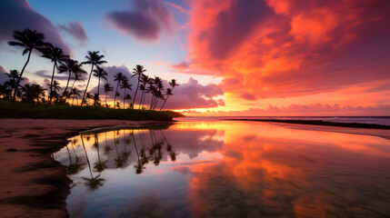 Wall Mural - sunset beach with palm tree