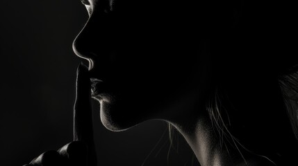 Wall Mural - Silhouette of unknown woman with the face in the shadow holding finger on her lips on a black studio background