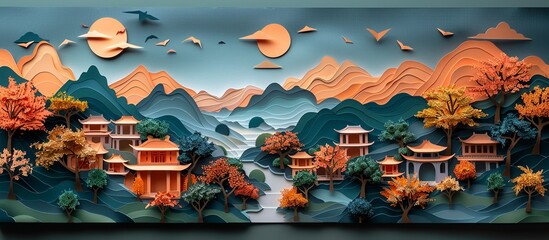 Wall Mural - Charming paper art of Hanoi's Old Quarter, depicting the bustling streets, vibrant markets, and historic architecture in a beautifully detailed and colorful design. Illustration, Minimalism,