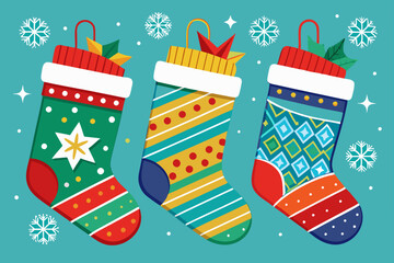 Three colorful Christmas stockings with various patterns including snowflakes, stars, and chevrons