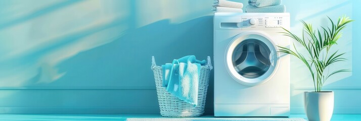 Aufkleber - A white washing machine sits beside a wicker basket of folded laundry in a modern bathroom setting. Generative AI