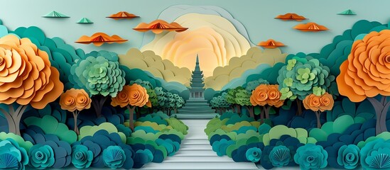Wall Mural - Exquisite paper art depiction of Vientiane's Patuxai, featuring the iconic war monument and surrounding park in a meticulously crafted and vibrant paper design. Illustration, Minimalism,