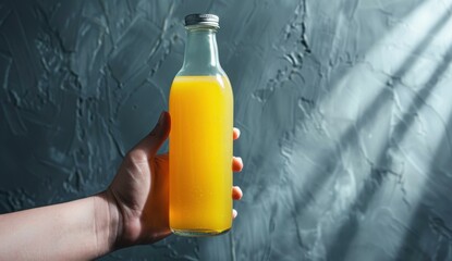 Wall Mural - A hand holding a bottle of orange juice. AI.