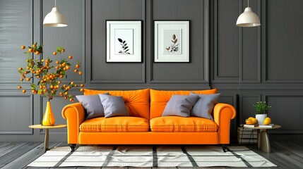 Modern cozy living room orange sofa vibrant pillows contemporary wall art stylish interior design